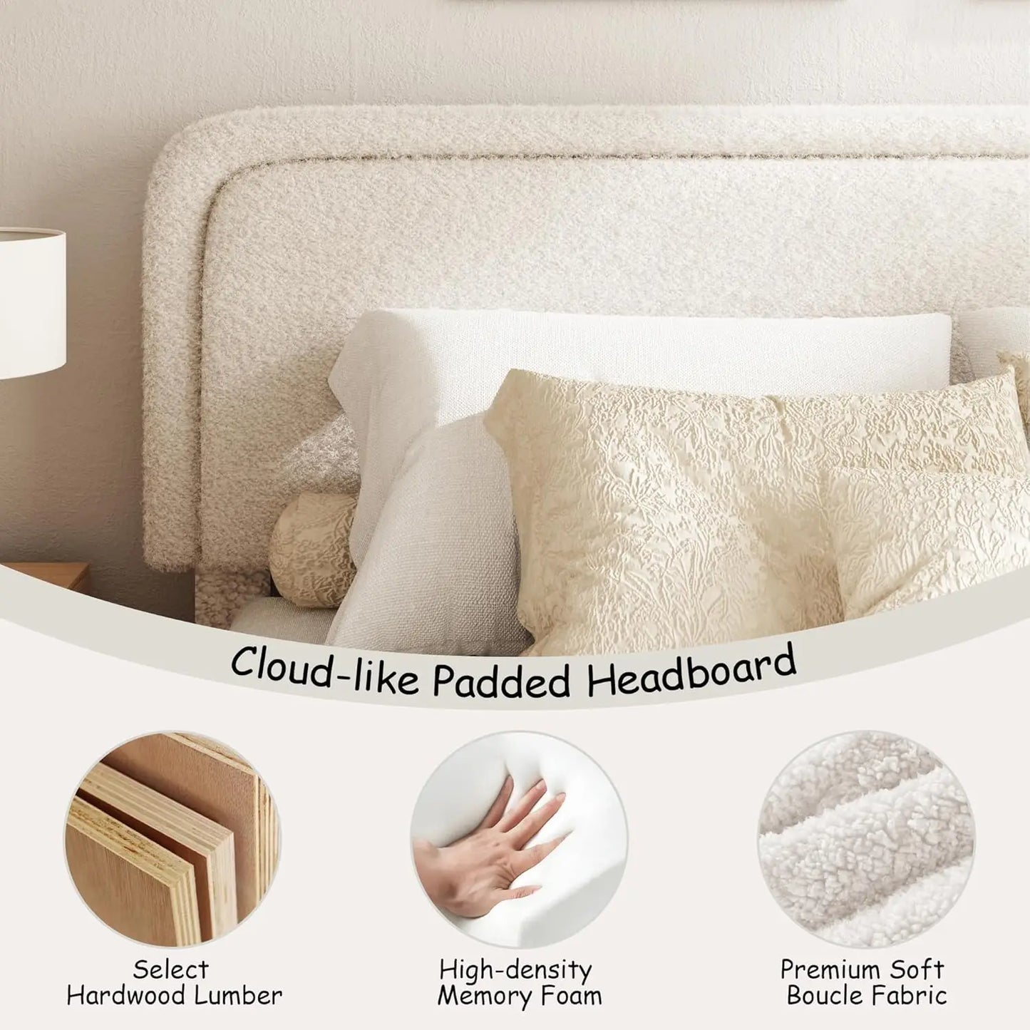 Boucle Upholstered Platform Bed Frame with Adjustable Headboard Rounded Corners