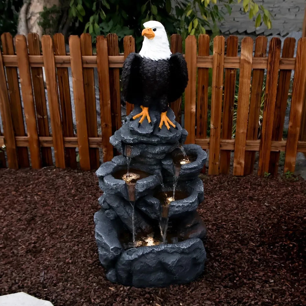 Bald Eagle Outdoor Fountain Statue With Tiered Rock Cascade Resin