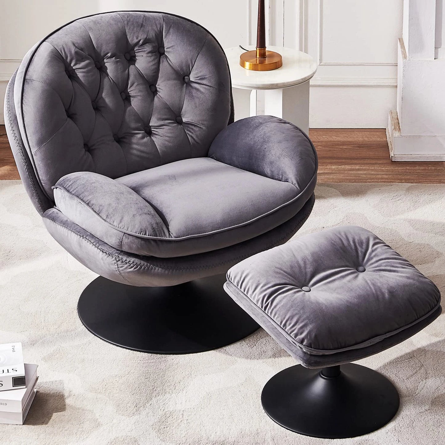Todrani Velvet Tufted Swivel Armchair Set With Ottoman For Living Room