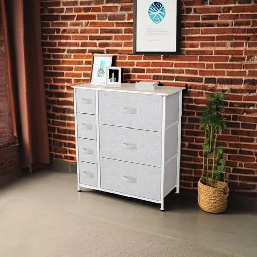 7-Drawer Fabric Storage Tower With Steel Frame And Wooden Top