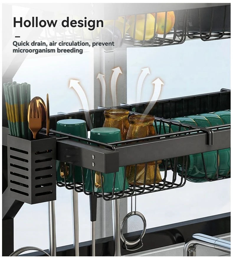 Over Sink Dish Drying Rack With Adjustable Shelves And Hooks