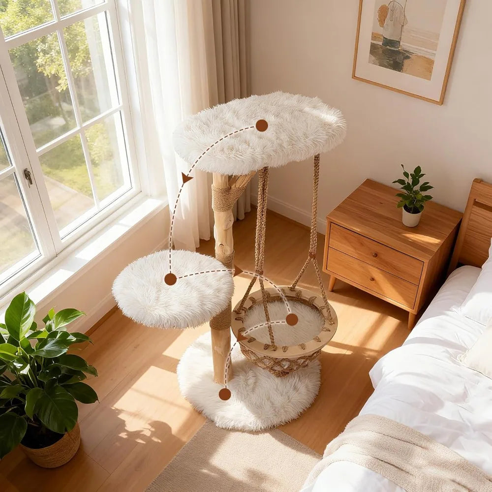 Wood Cat Tree With Multi Level Posts And Hanging Basket