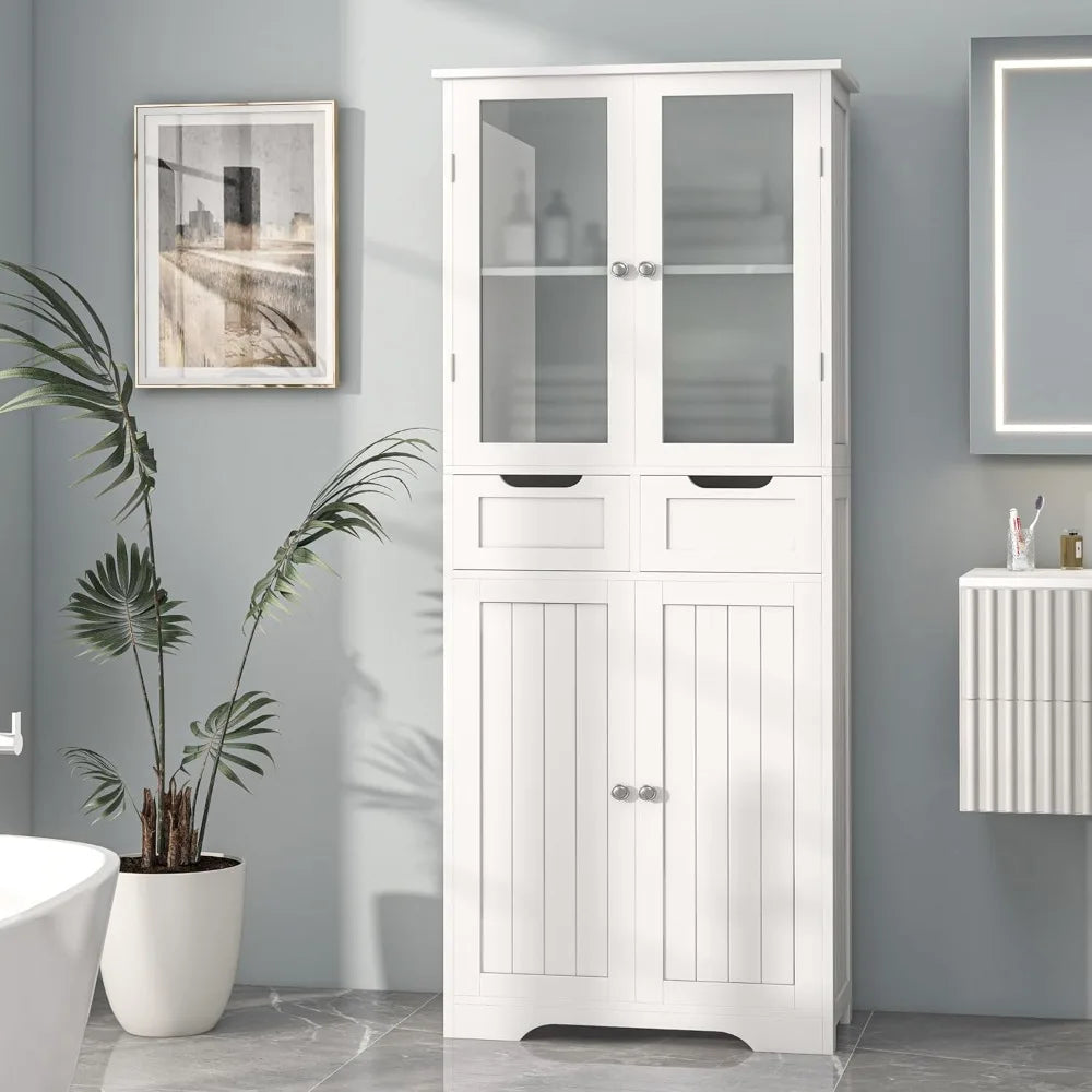 Freestanding Bathroom Linen Cabinet With Glass Doors And Shelves