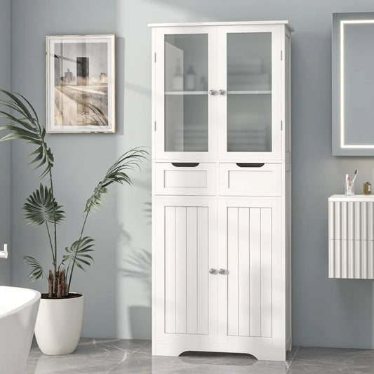 Freestanding Bathroom Linen Cabinet With Glass Doors And Shelves
