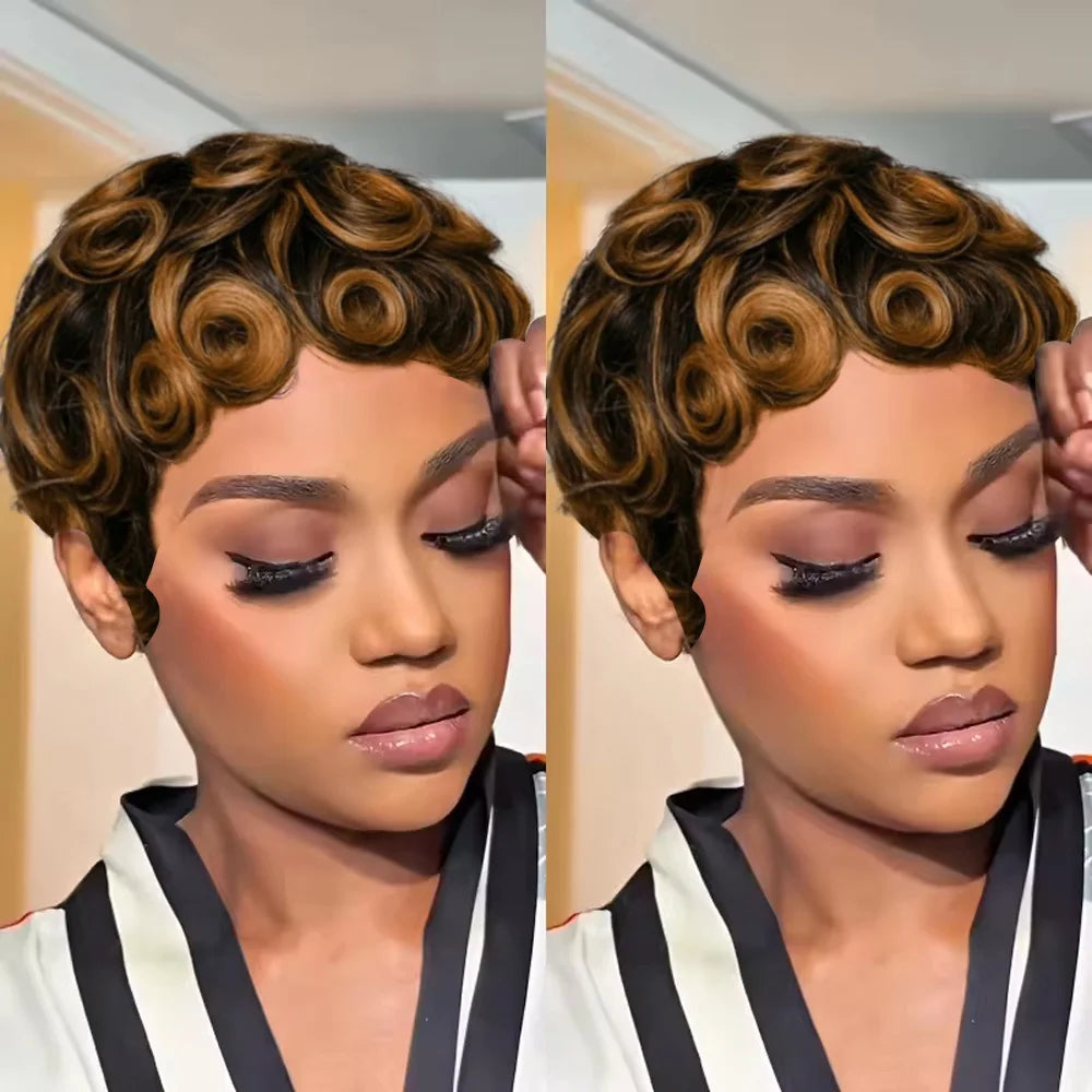 UVEOUS Women's Pixie Cut Wig Short Layered Curly Bangs