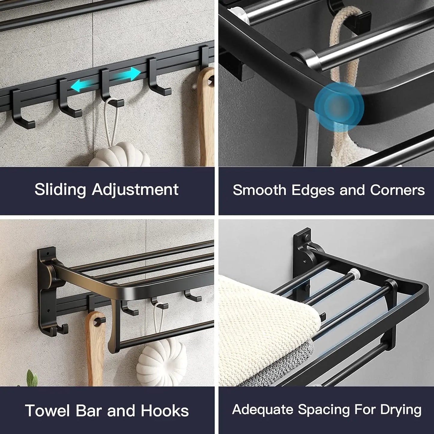 XMSJ Towel Rack With Bar Holder Foldable Shelf Movable Hooks
