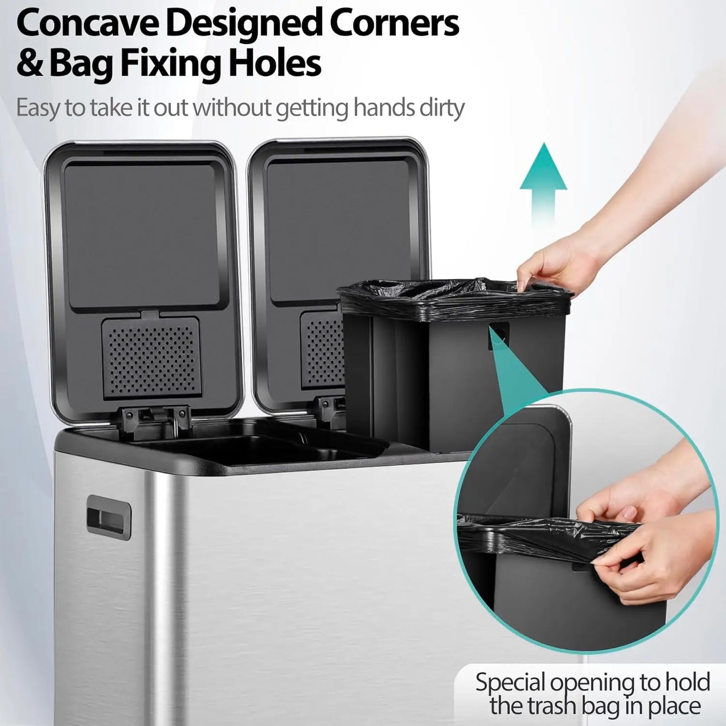 Dual Stainless Steel Kitchen Trash Can With Foot Pedal