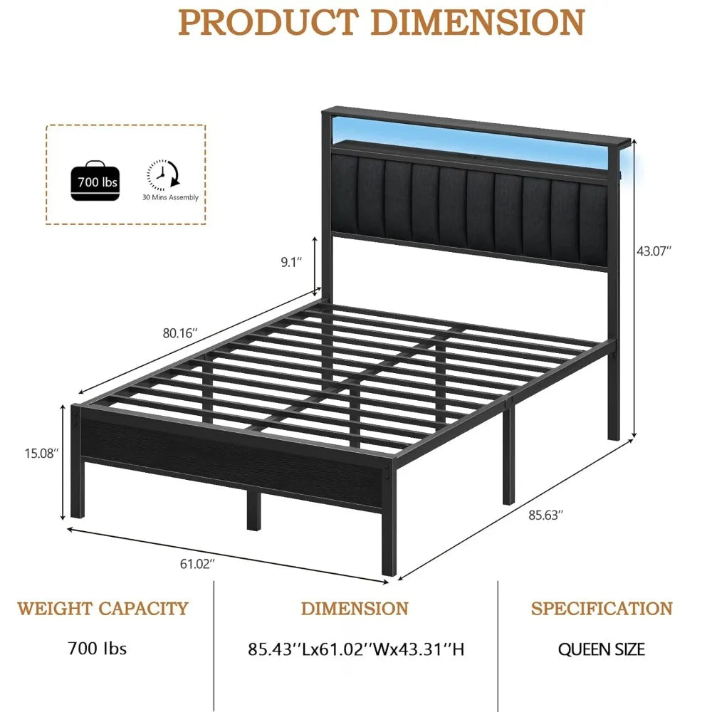 Bed Frame With Charging Station And LED Lights Platform Bed