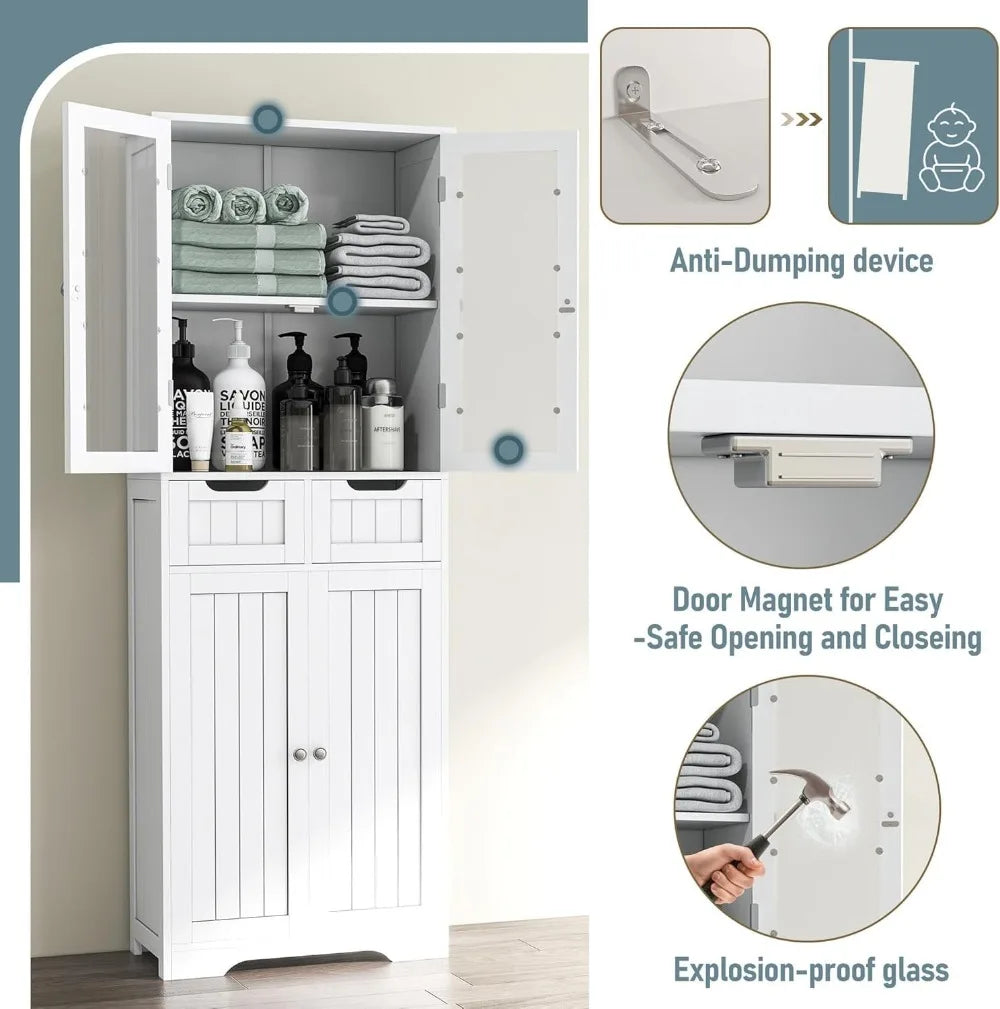Freestanding Bathroom Linen Cabinet With Glass Doors And Shelves