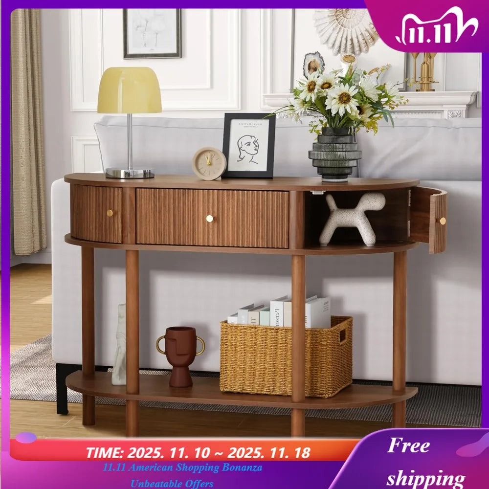 Modern Fluted Half Moon Console Table with Storage