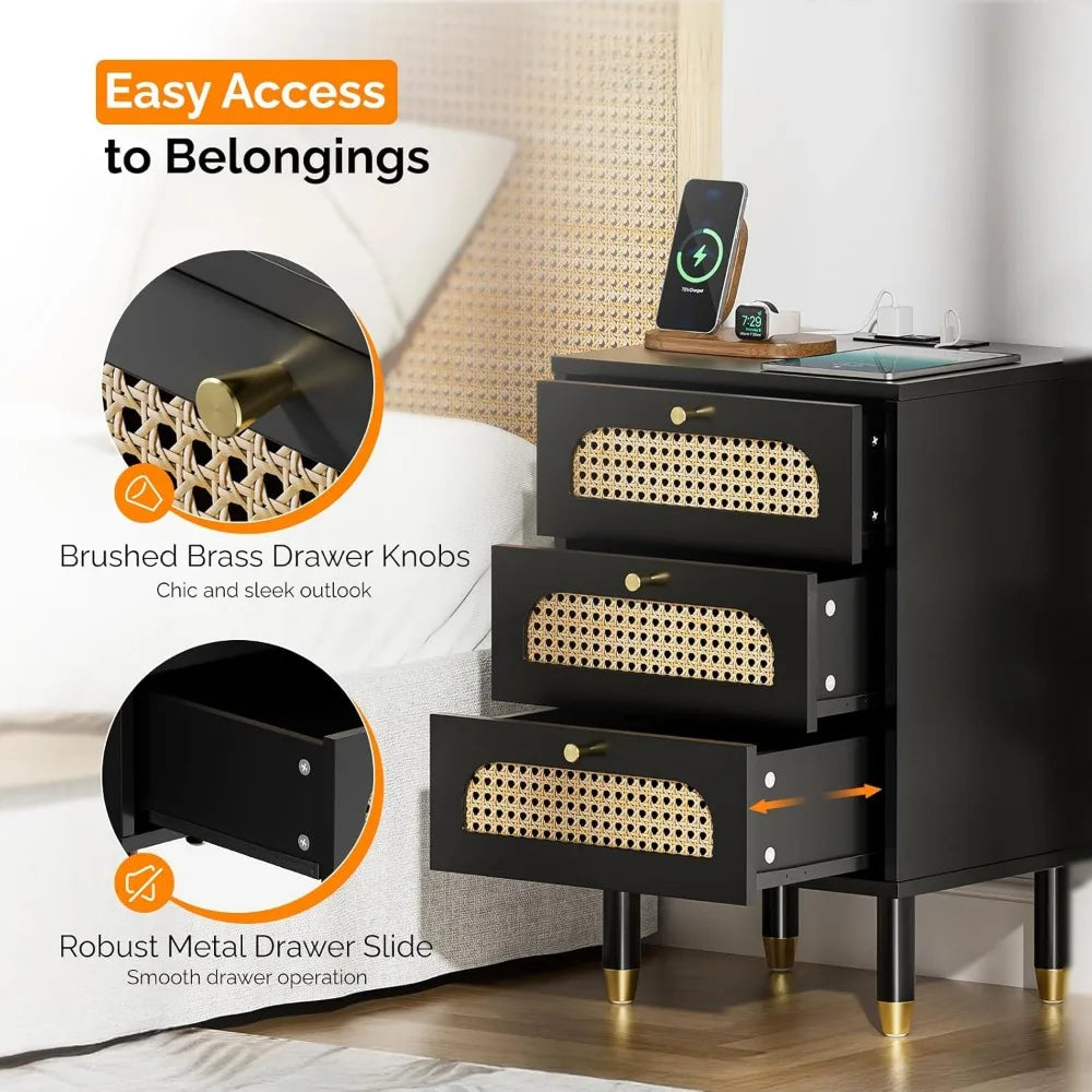 Rattan Nightstand With Charging Station, Set Of 2, 3 Drawer