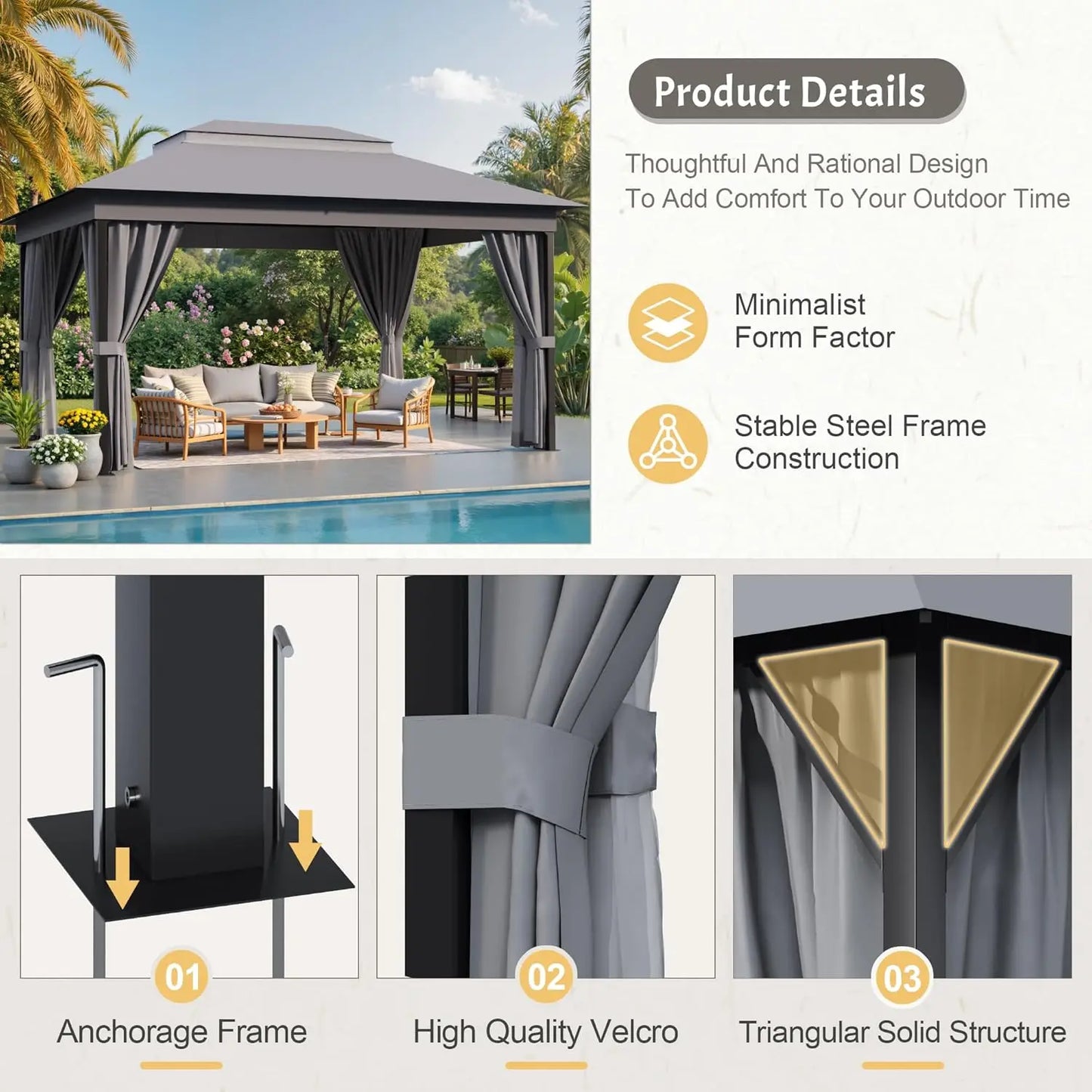 Outdoor Gazebo With Heavy-Duty Metal Frame And Expansion Bolts