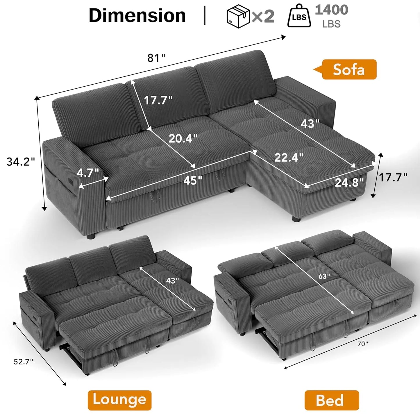 Sleeper Sectional Sofa With Pull Out Bed And USB Ports