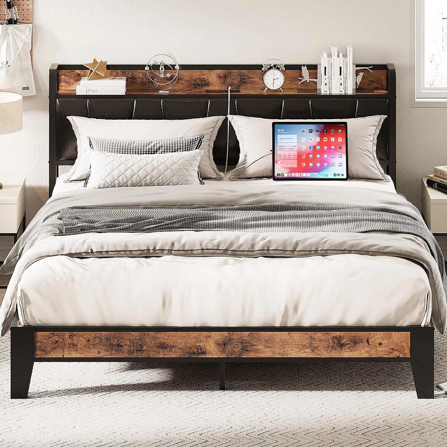 LIKIMIO Bed Frame With Storage Headboard And Charging Station