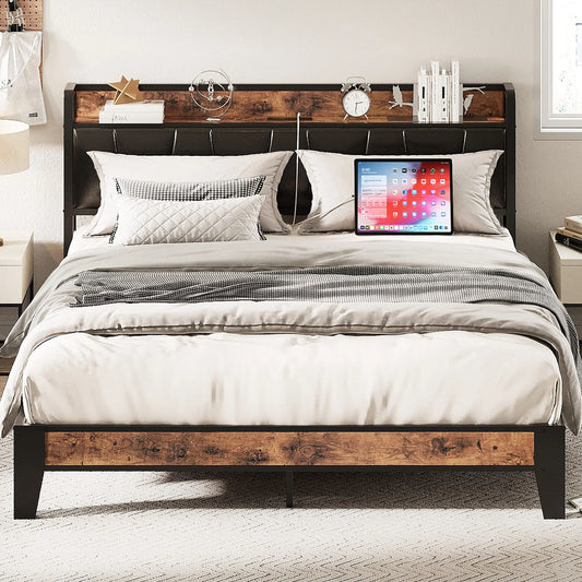 LIKIMIO Bed Frame With Storage Headboard And Charging Station