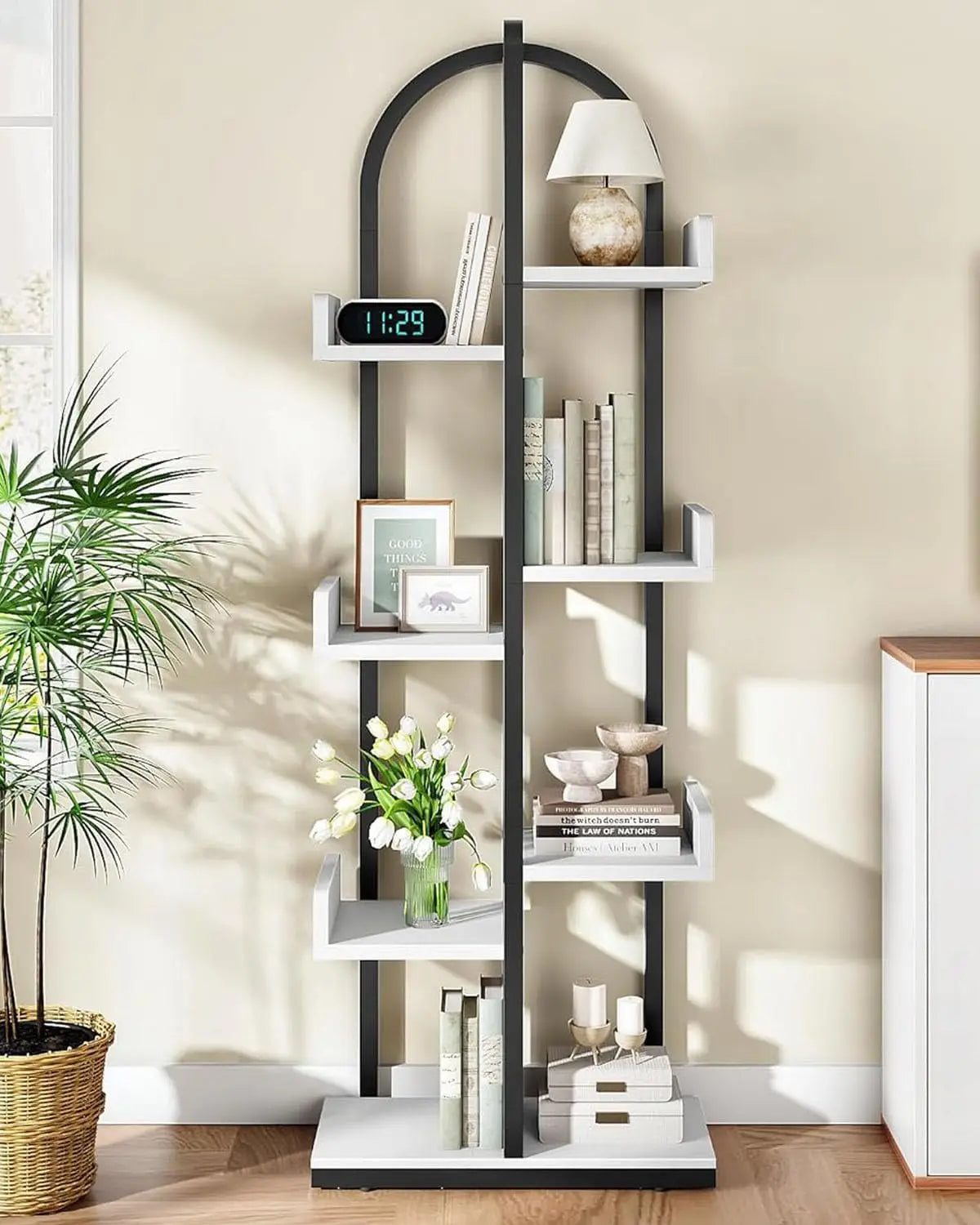 Curved 6-Tier Corner Bookshelf With Anti-Tip Kit For Living Room