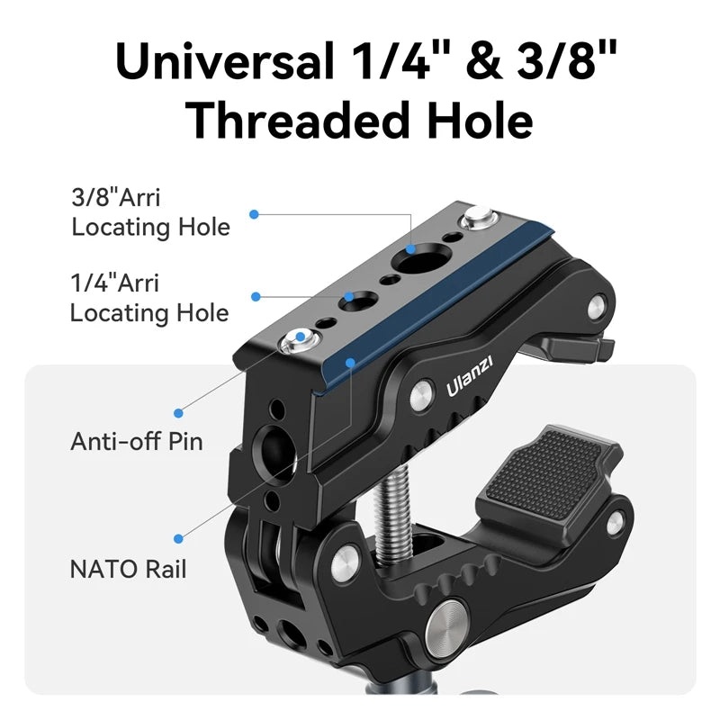 Ulanzi R011a Crab Clamp with Universal Threaded 1/4'' 3/8'' Hole / HD01 360° Adjustable 10-inch Magic Arm for DSLR Camera Vlog