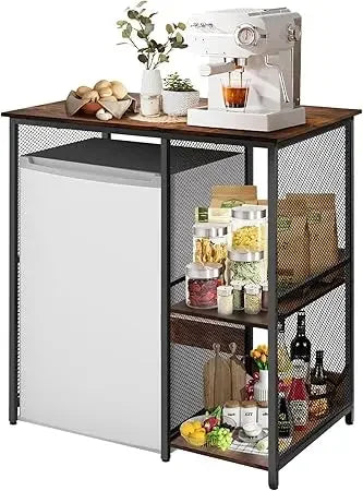 Vintage Wood Mini Refrigerator Cabinet With 3 Tier Storage Rack