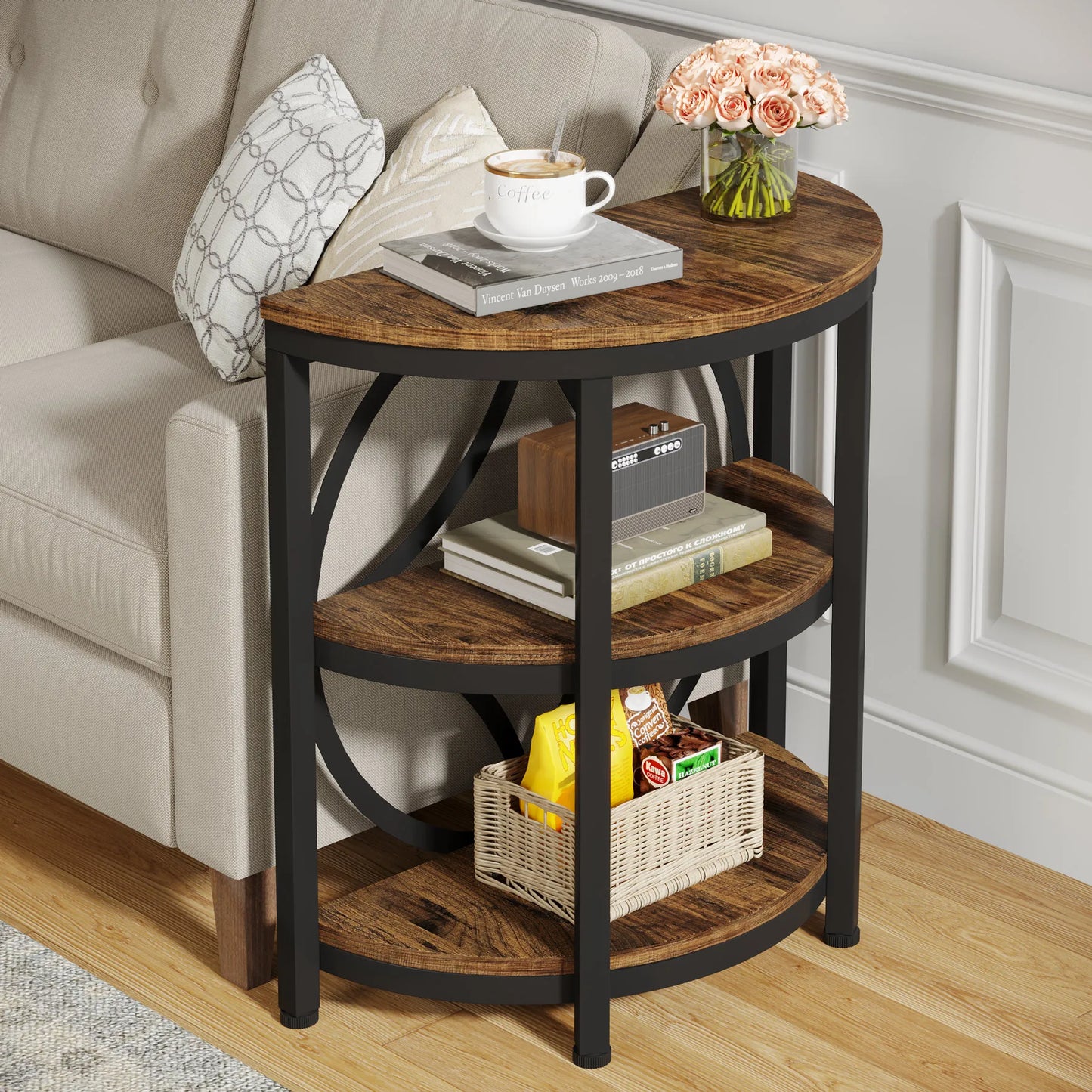 Tribesigns Half Round End Table 3 Tier Storage Metal Frame