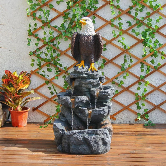 Bald Eagle Outdoor Fountain Statue With Tiered Rock Cascade Resin