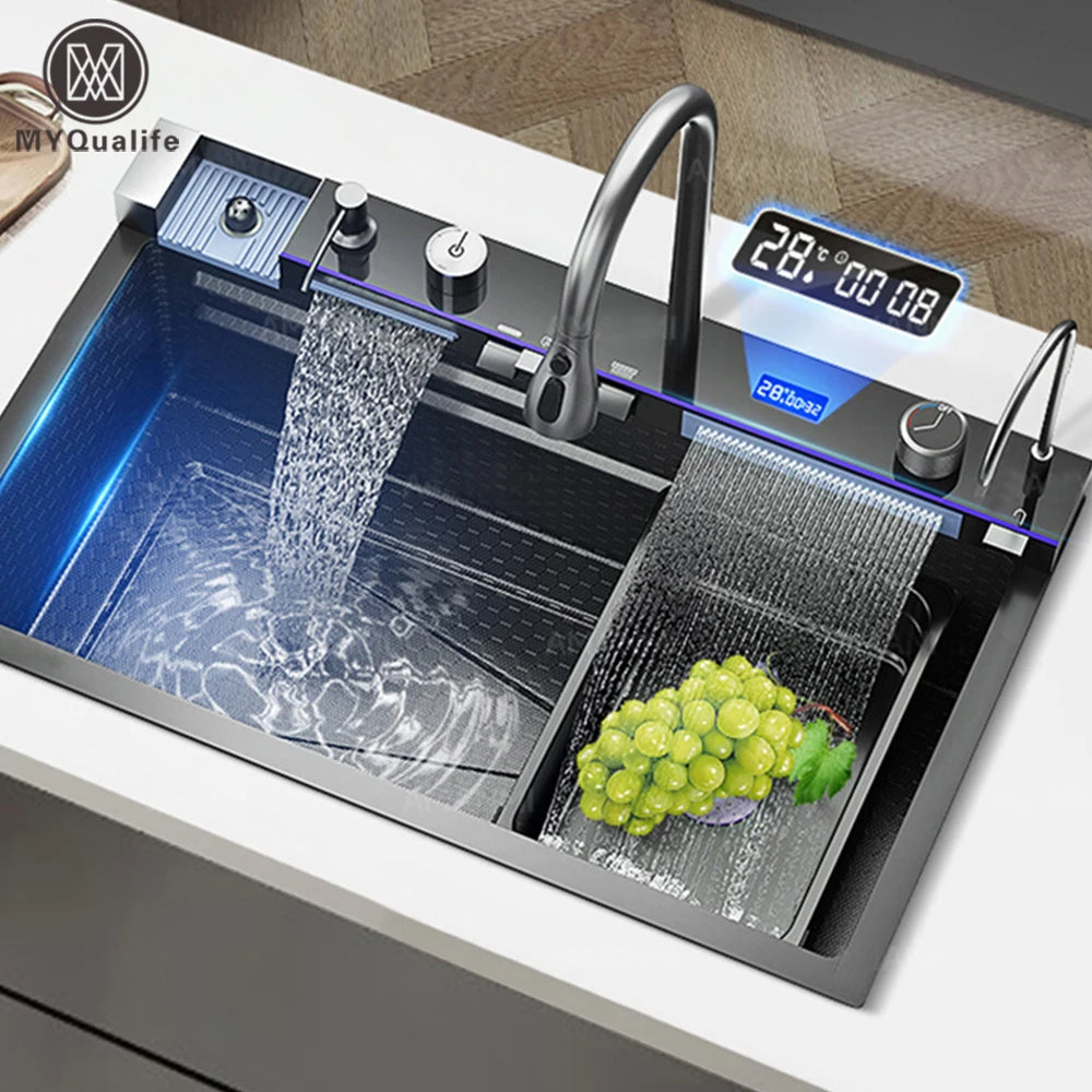 MYQualife 304 Stainless Steel Waterfall Sink Faucet Set With Display