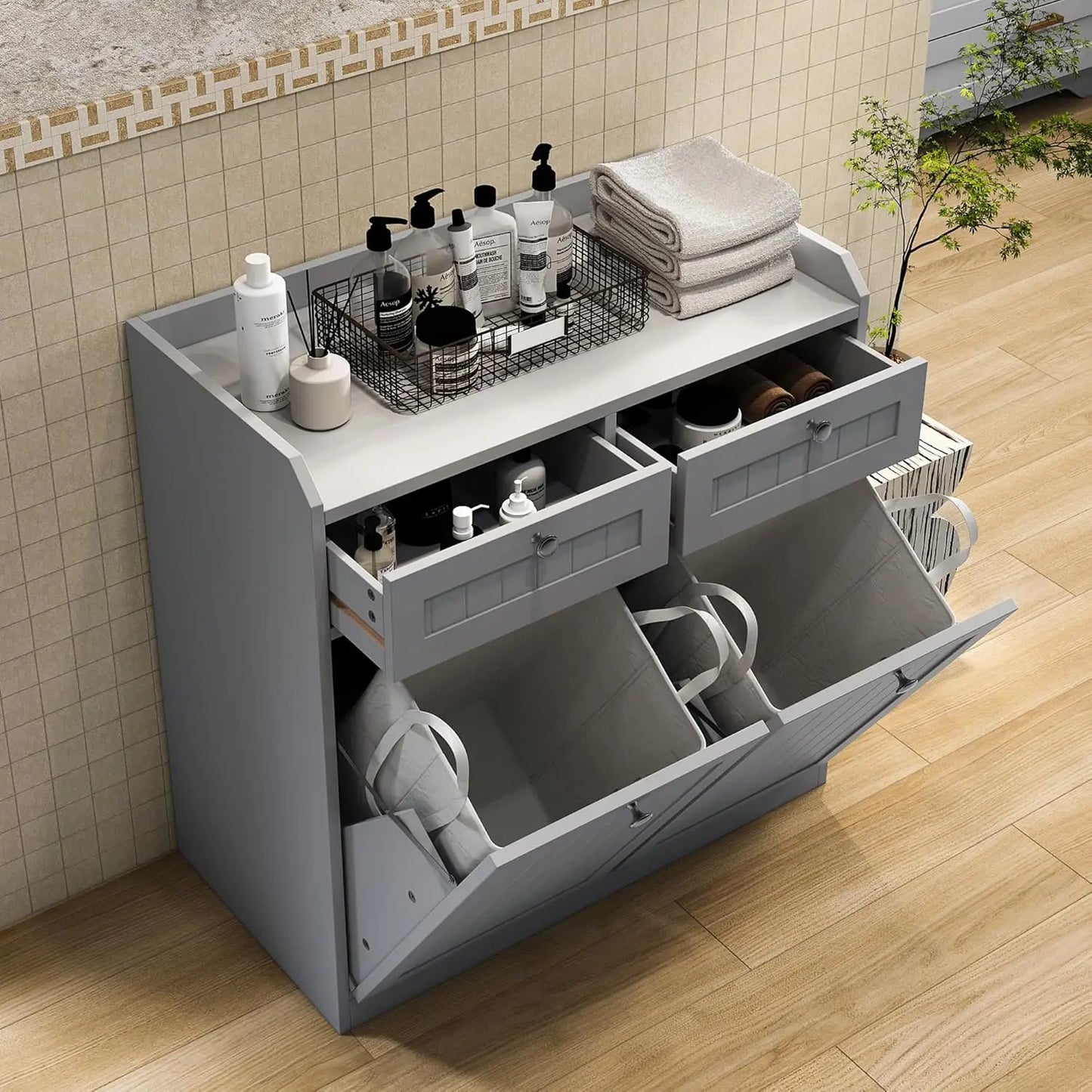 Double Tilt Out Trash Can Cabinet With Drawer Wooden Freestanding Pet Proof