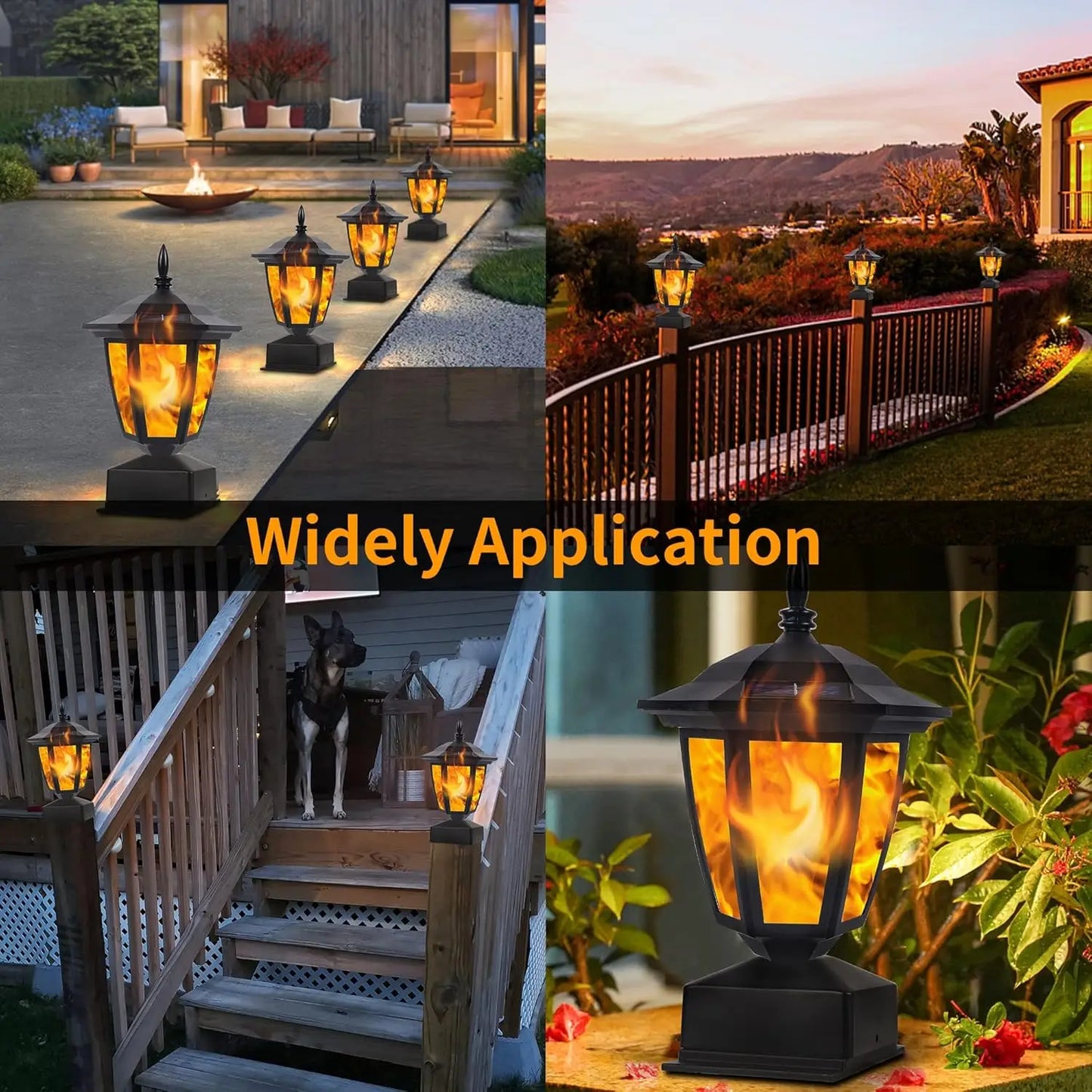 Solar Flame Post Lights Outdoor LED Lanterns, Waterproof, 2 Pack