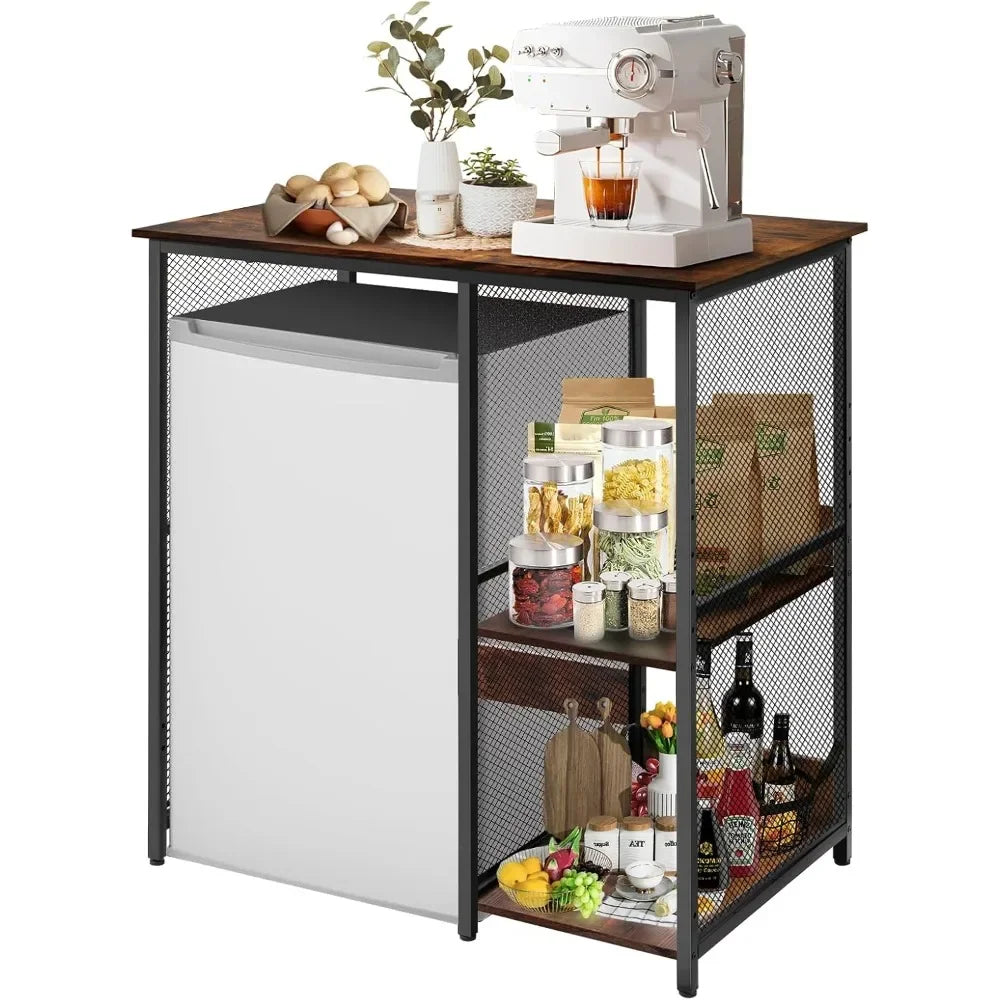 Vintage Wood Mini Refrigerator Cabinet With 3 Tier Storage Rack