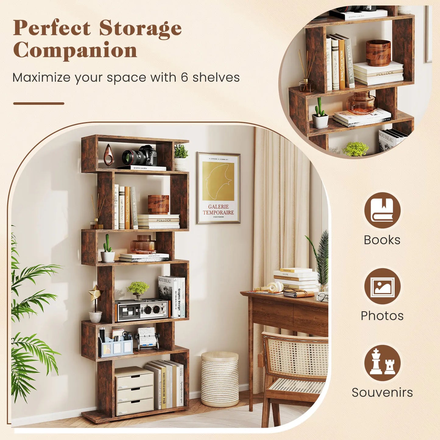HOMASIS S-Shaped Geometric Bookshelf With Anti-Toppling Kits