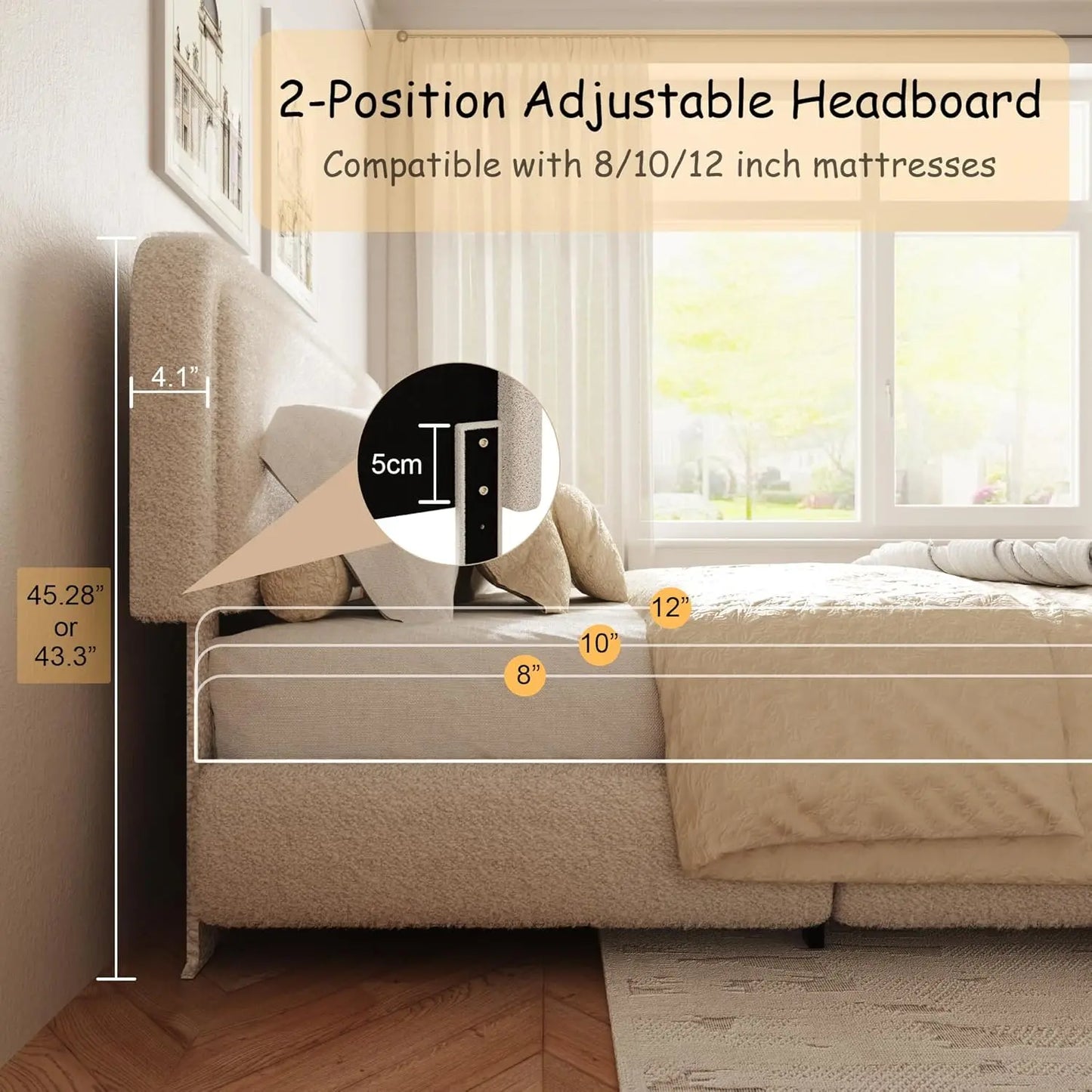 Boucle Upholstered Platform Bed Frame with Adjustable Headboard Rounded Corners
