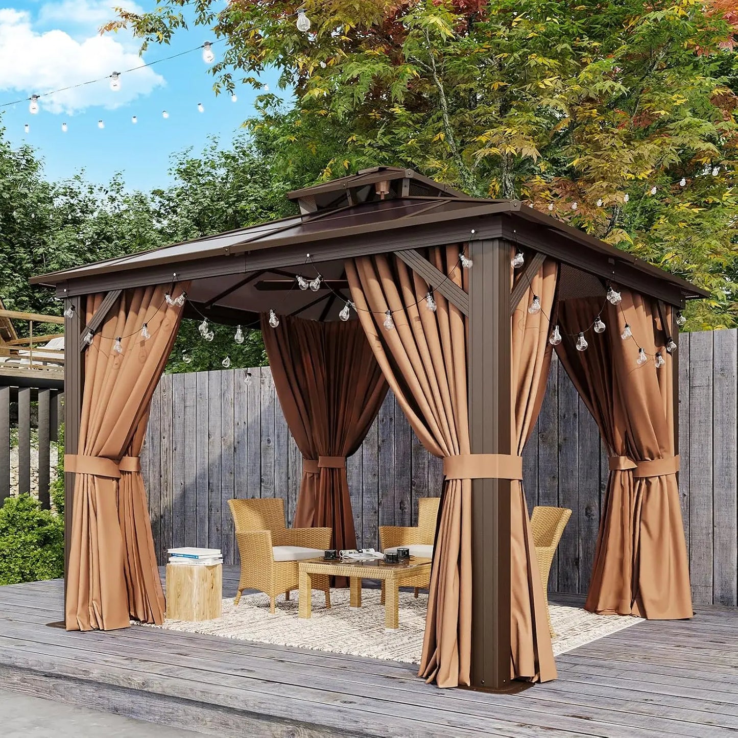 Outdoor Aluminum Gazebo With Polycarbonate Double Top Canopy And Netting