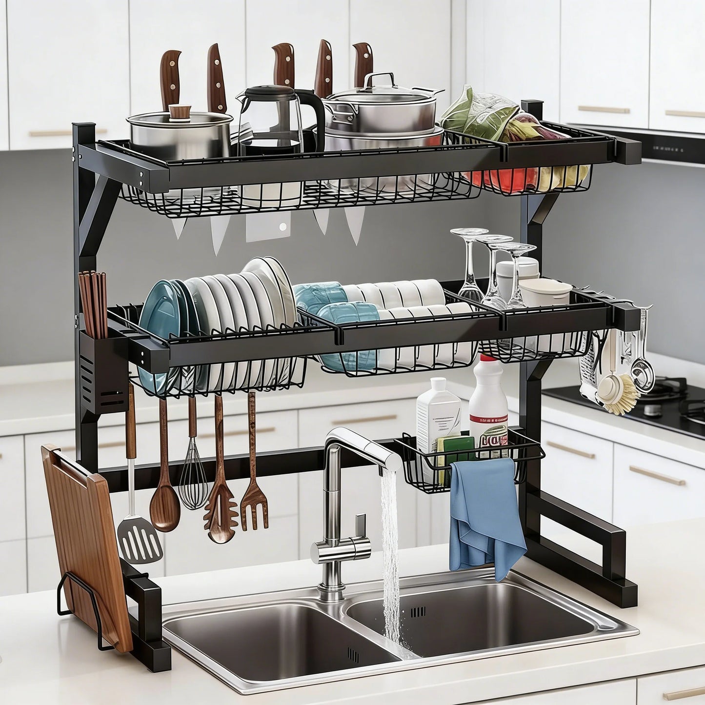 Over Sink Dish Drying Rack With Adjustable Shelves And Hooks