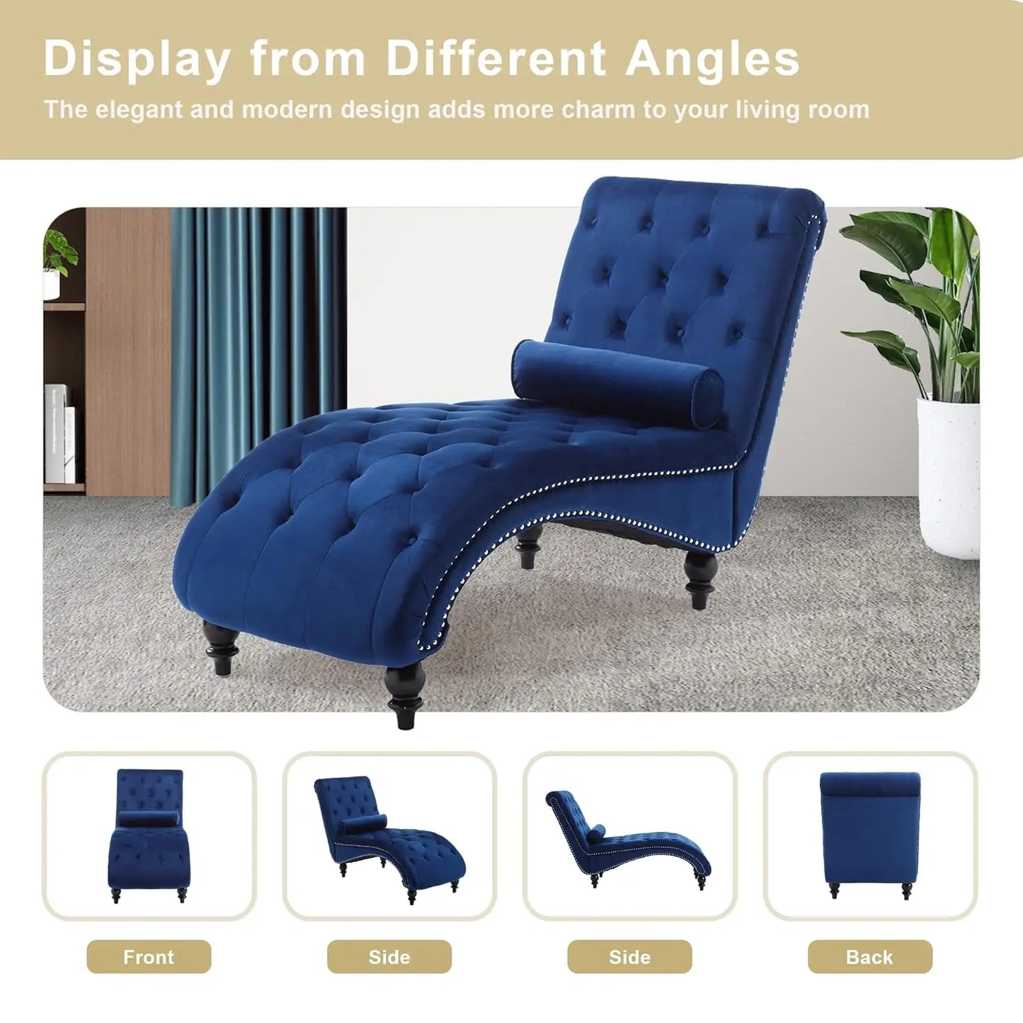 Velvet Tufted Upholstered Chaise Lounge Chair Living Room Modern