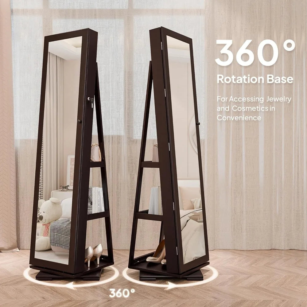 360 Degree Swivel Jewelry Mirror Cabinet With Lockable Storage Armoire