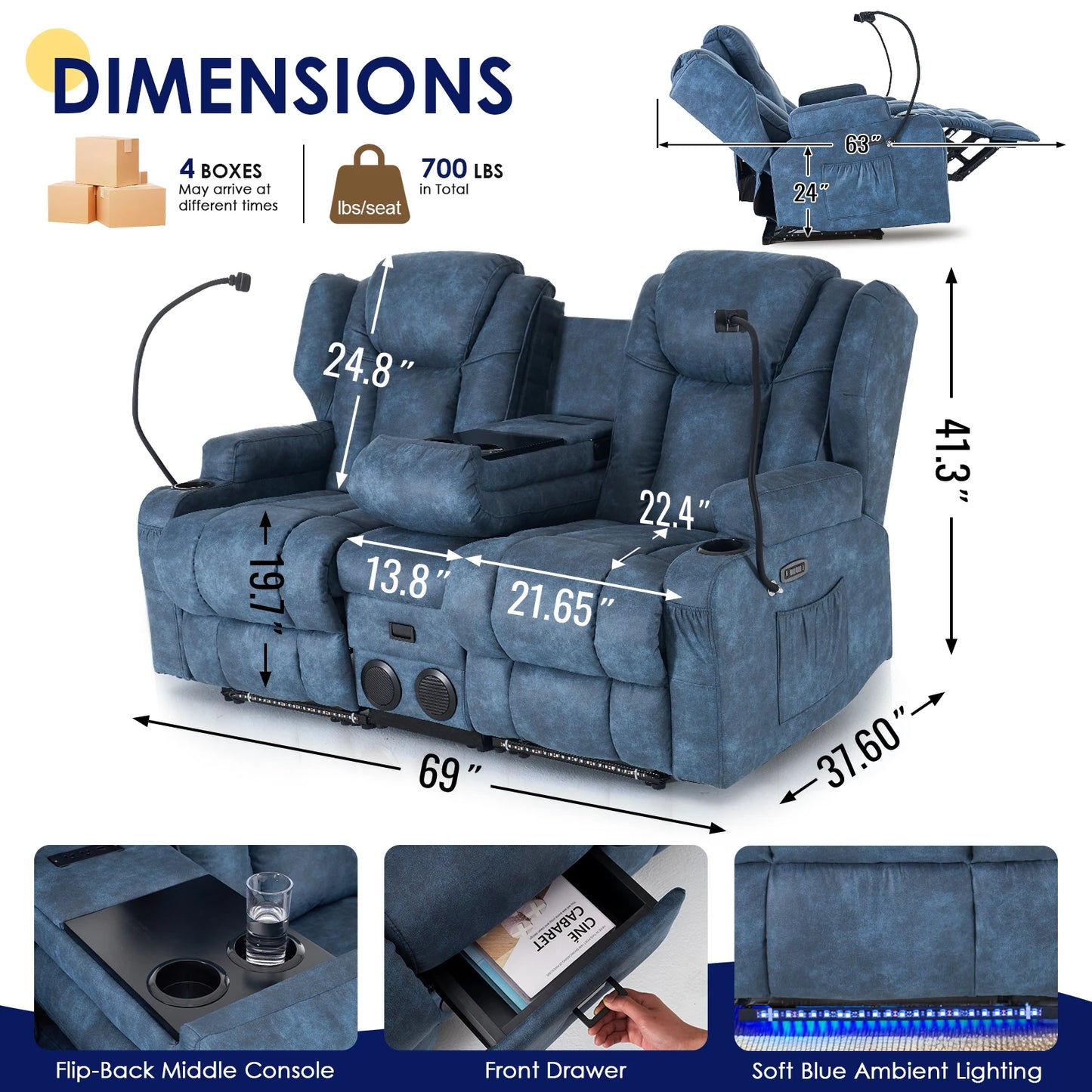 Redlife Dual Motor Electric Recliner Loveseat Sofa With Massage Heat