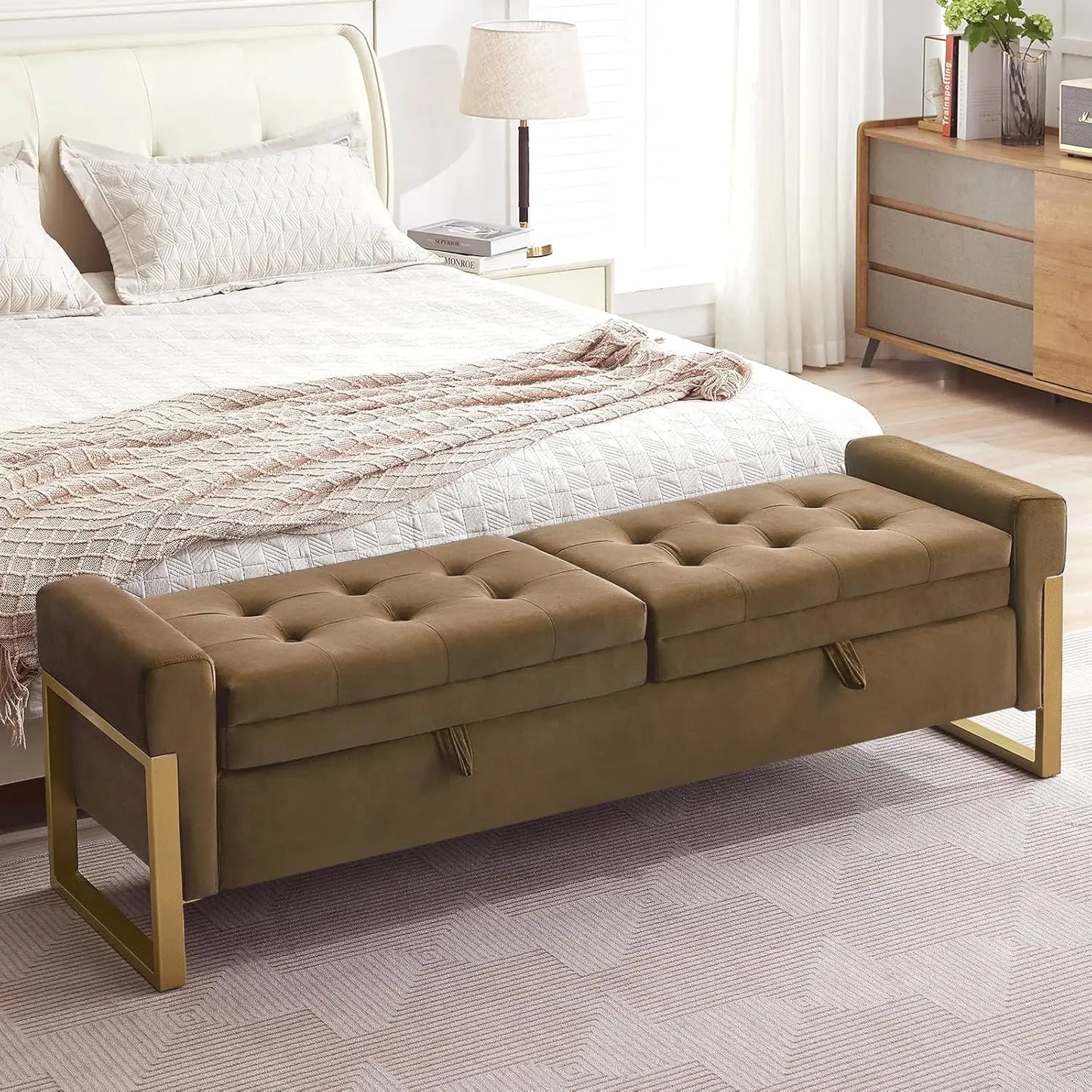 End Of Bed Storage Bench Velvet Upholstery With Metal Legs