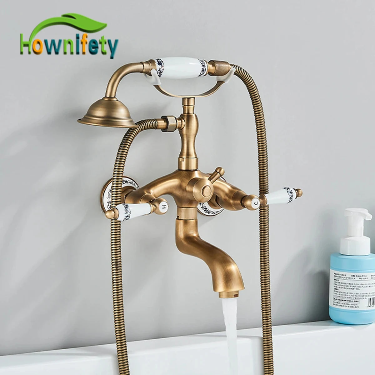 Hownifety Wall Mounted Brass Shower Tub Faucet Spout Dual Handles