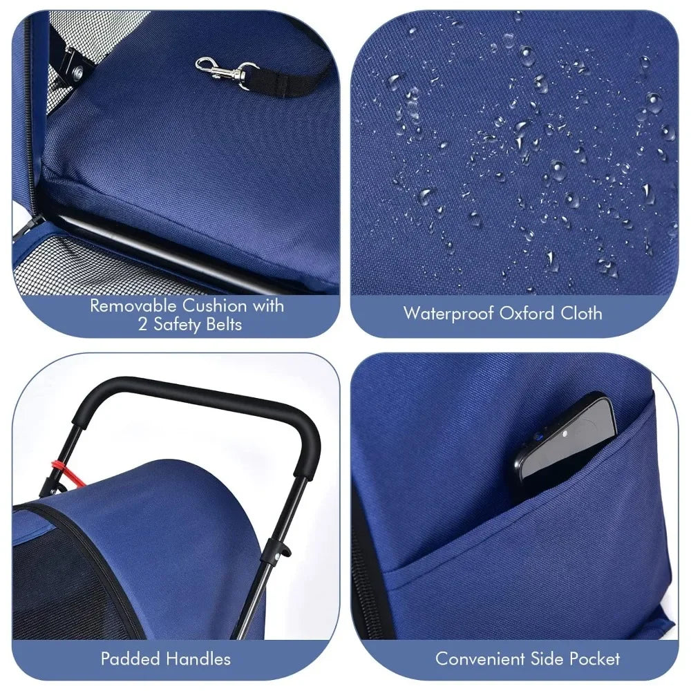 Foldable Double Pet Stroller With Two Removable Carrying Bags
