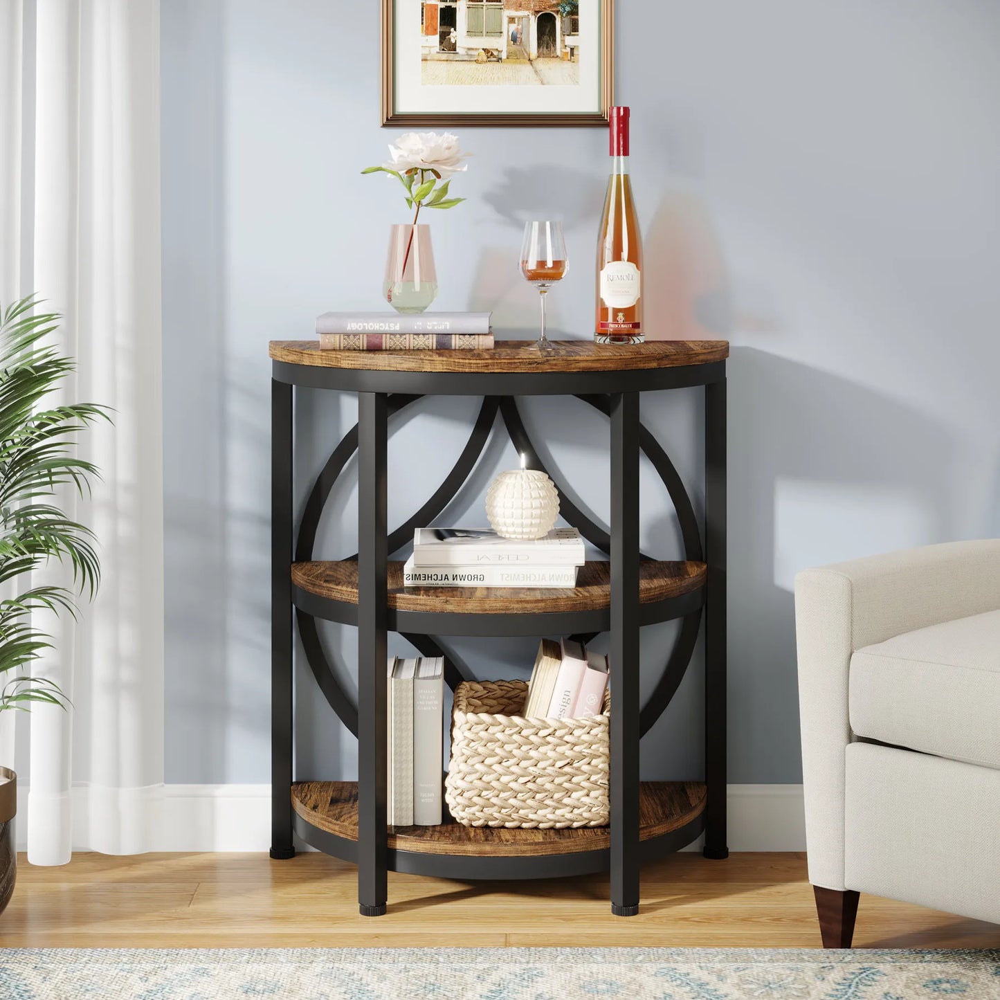 Tribesigns Half Round End Table 3 Tier Storage Metal Frame