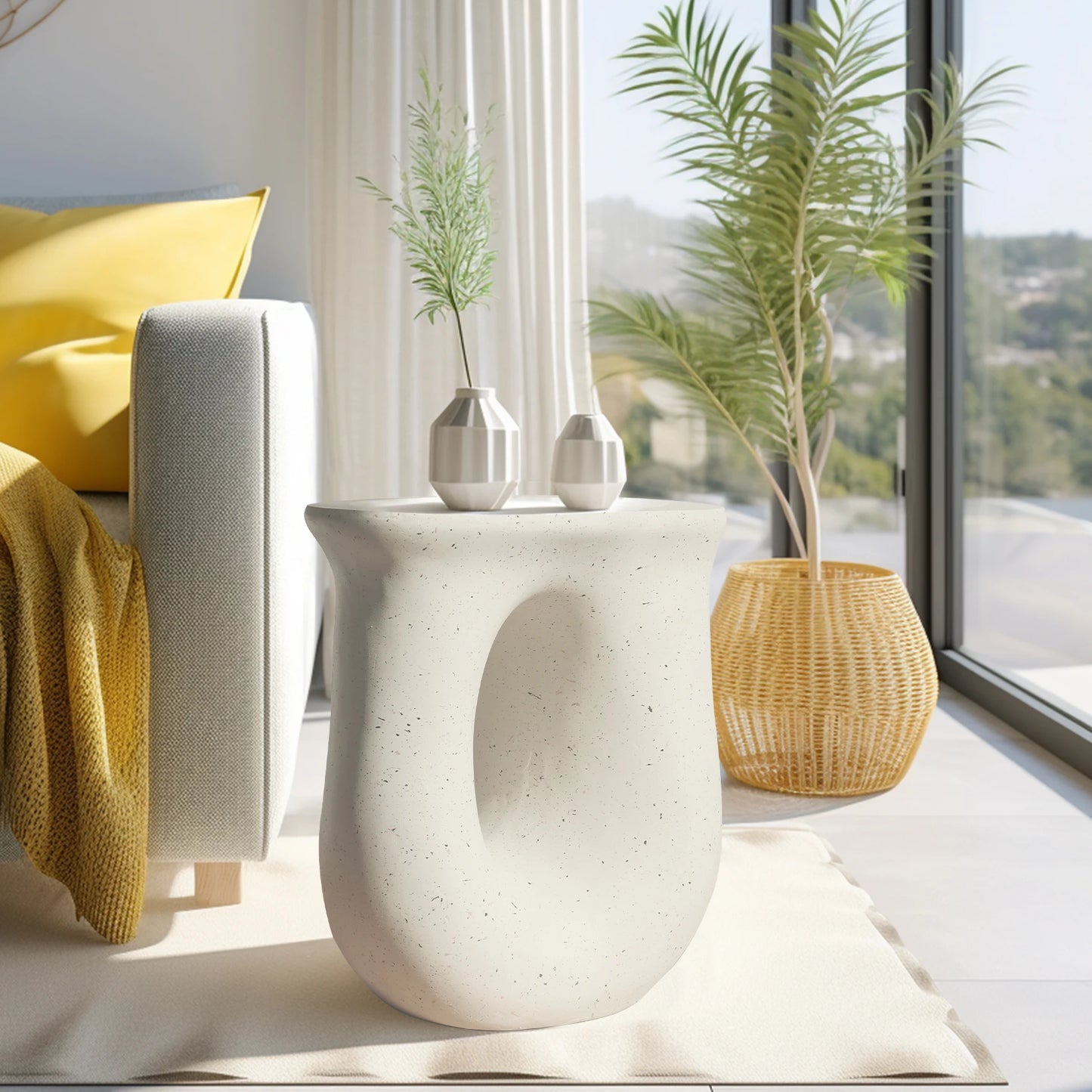 U Shaped Geometric Concrete Side End Table For Living Room