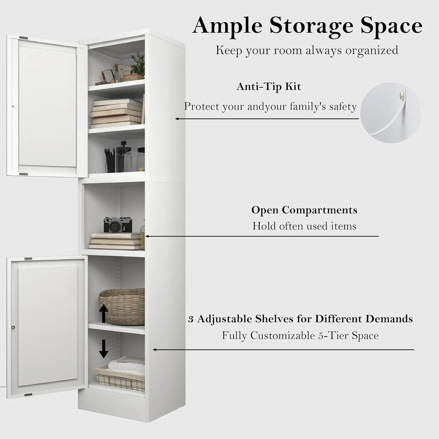 Metal Bathroom Storage Cabinet 6-Tier Freestanding Linen Tower With Doors
