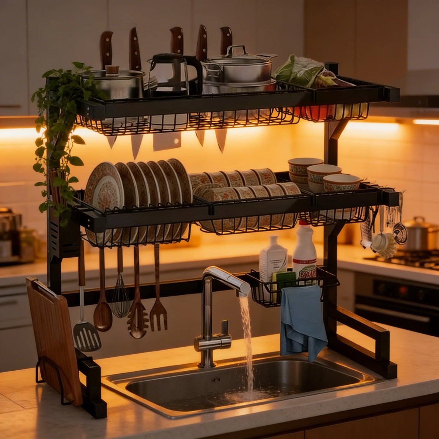 Over Sink Dish Drying Rack With Adjustable Shelves And Hooks