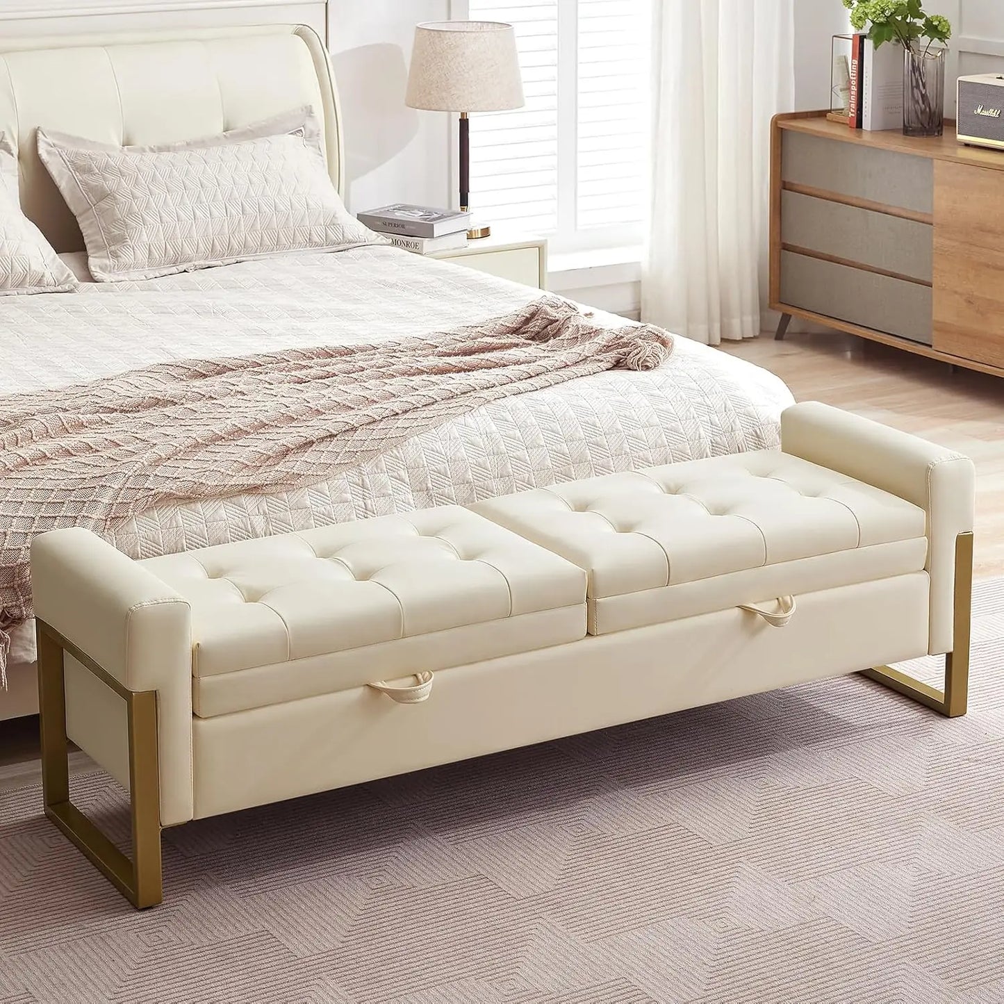 End Of Bed Storage Bench Velvet Upholstery With Metal Legs