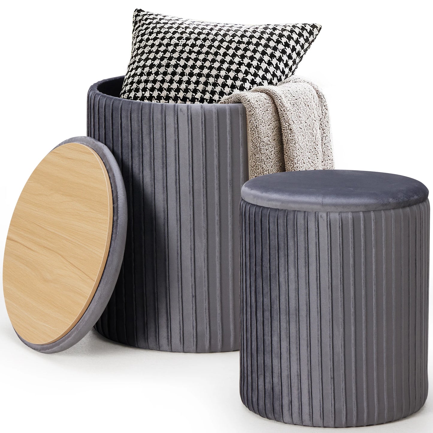 JHK Round Storage Ottoman Set Of 2 With Hidden Compartment
