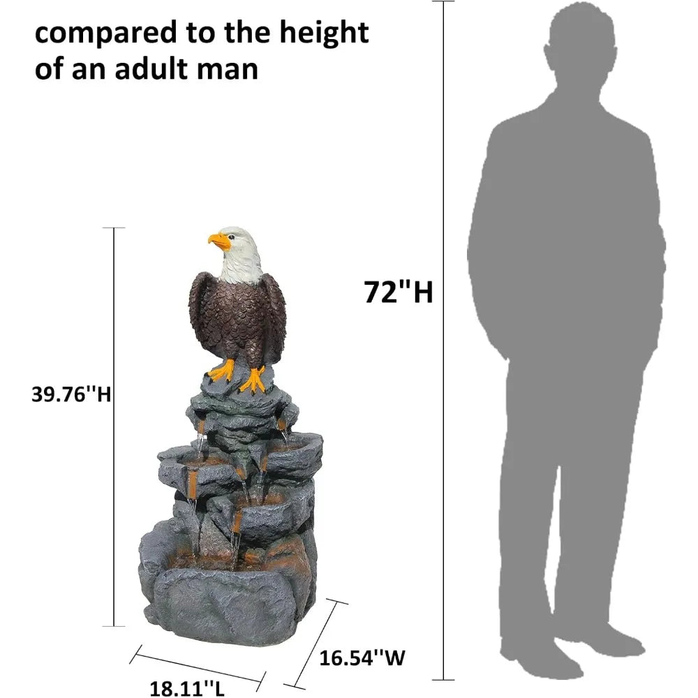 Bald Eagle Outdoor Fountain Statue With Tiered Rock Cascade Resin