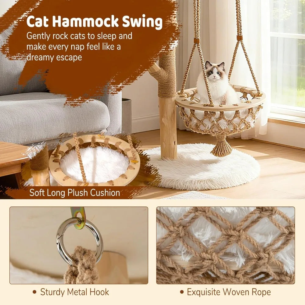 Wood Cat Tree With Multi Level Posts And Hanging Basket
