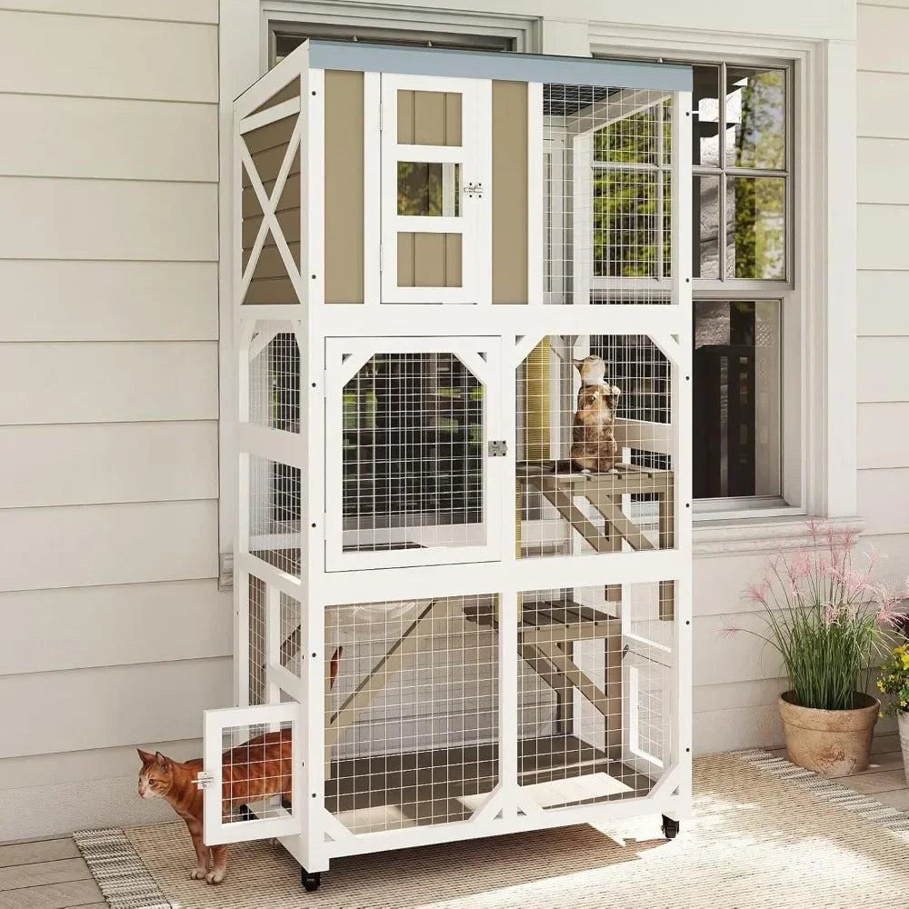 Wooden Catio Outdoor Cat Enclosure With Wheels And Platforms