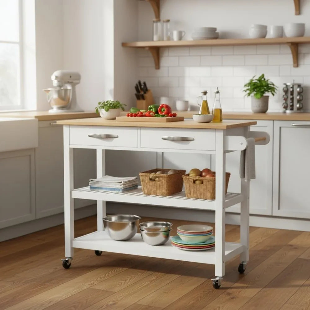 Rolling Kitchen Island Cart With Drawers And Towel Rack