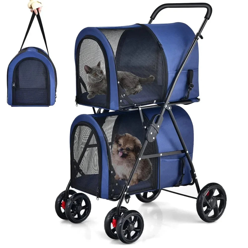 Foldable Double Pet Stroller With Two Removable Carrying Bags