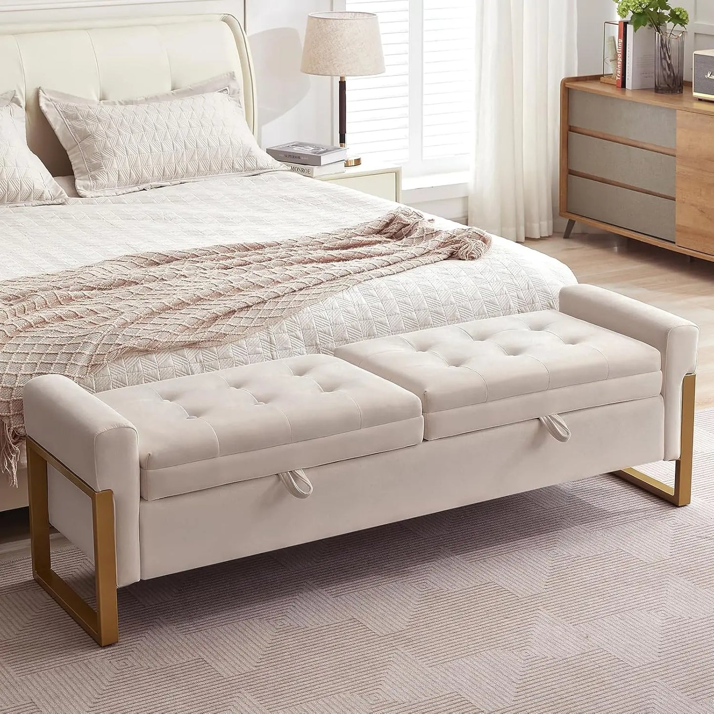 End Of Bed Storage Bench Velvet Upholstery With Metal Legs